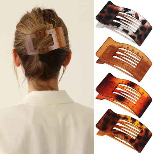 Velscrun Flat Hair Clips for Women Girls, Matte Lay Flat Claw Clips, Strong Hold Large Side Hair Clip All Hair Types, French Duck Billed Non Slip Grip Daily Styling Amber Leopard Hair Jaw Claw Clip