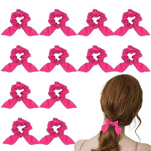 12 Pack Scrunchies for Women, Bow Hair Scrunchies for Thick Hair, Hot Pink Hair Ties Bunny Ear Scrunchies Satin Scrunchies, Hair Accessories Scrunchies with Tails for Girls