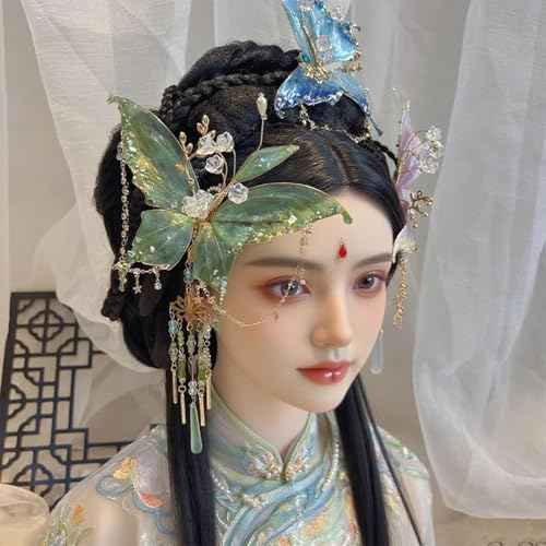 Large Fairy Wing Hair Clips, Butterfly Tears Tassel Hair Clip, 3D Moving Wings Hair Clips, Suitable for Christmas gifts, weddings, Butterfly & Beaded Design Hairs Claws for Hairstyles (Green)