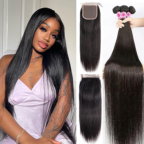 Straight Bundles with Closure (18 20 22+16 Inch) 100% Unprocessed Brazilian Remy Hair Weave 3 Bundles with 4x4 HD Lace Closure Free Part Natural Black Color Hair Extensions for Women