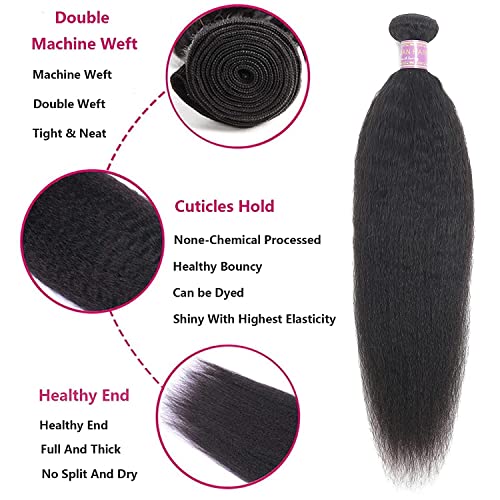Kinky Straight Human Hair 3 Bundles With 4x4 Lace Closure Free Part 100% Unprocessed Brazilian Remy Yaki Straight Human Hair Extensions With Closure,Natural Black (12 12 12+10Closure)
