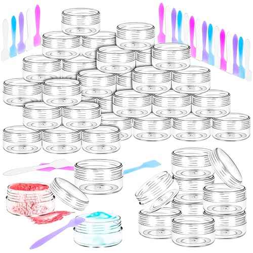MotBach 50PCS 10g Empty Sample Containers with Clear Lids,Refillable Makeup Sample Containers, Small Sample Pot Jars Travel Makeup Containers with Mini Spatulas for Liquid Powder Creams Lotions