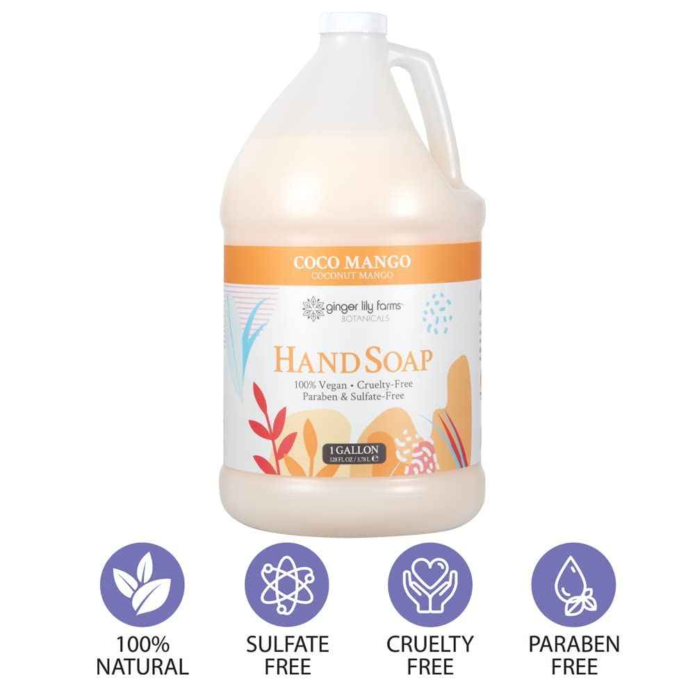Ginger Lily Farms Botanicals All-Purpose Liquid Hand Soap Refill, Coco Mango, 100% Vegan & Cruelty-Free, Coconut Mango Scent, 1 Gallon (Pack of 4)