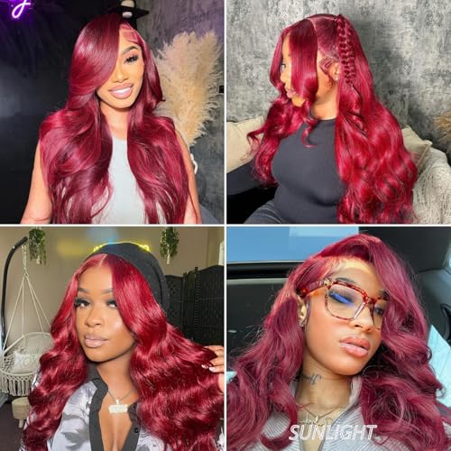 Red Burgundy 3 Bundles Human Hair Body Wave, 12A Colored 100% Unprocessed Remy Hair Soft and Bouncy Burgundy Cherry Red 99J Human Hair Wavy Bundles Sew in Double Weft Quick Weave 10 12 14 Inch