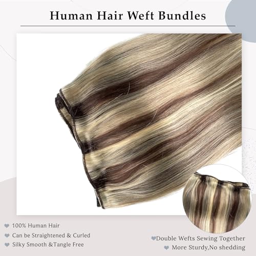 Sew in Hair Extensions Real Human Hair, Weft Hair Extensions Human Hair Bundles, Brown Balayage Ash Blonde Hand Tied Weft Hair Extension Human Hair, 22 Inch 120G Sew in Extensions for Women