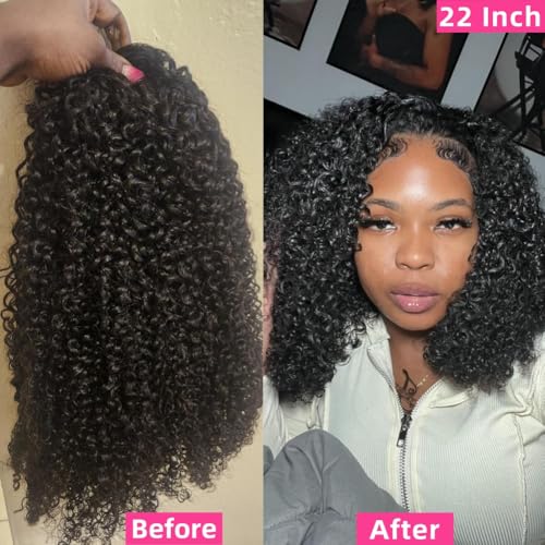 Half Wig 200 Density Kinky Curly Half Wig Human Hair Glueless Wear Go Curly Wig Beginner Friendly Seamless Flip Over Wig with Drawstring 3 In 1 Headband Wig for Women 16 Inch