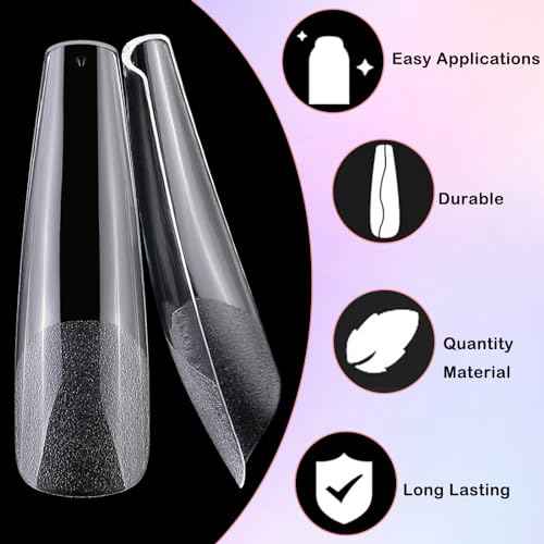LoveOurHome 240pc XXL Coffin Nail Tips Clear Fake Nails Extra Long Press on Nails Coffin Acrylic Nail Full Cover Ballerina Artificial Fingernail Soft Gel False Nails 12 Sizes for Gel Nail Extension