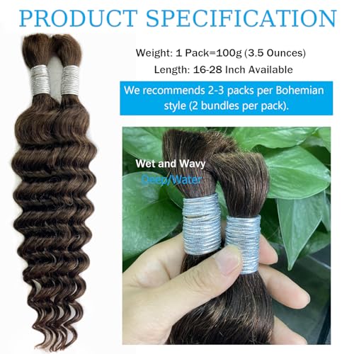 Human Hair Braiding Hair 26 Inch Deep Wave Bulk Human Hair For Braiding Boho Braids Natural Brown