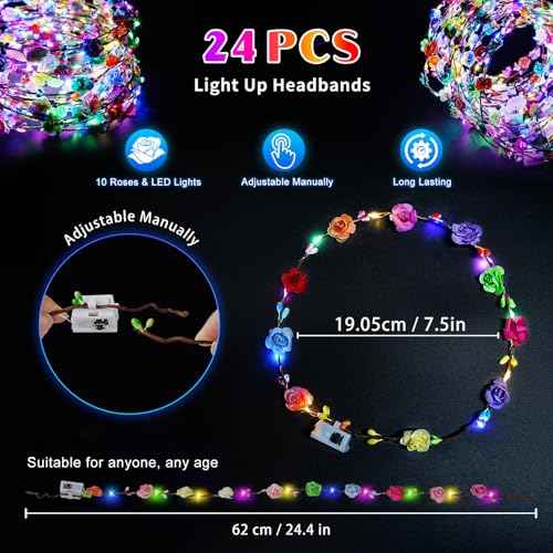 24 PCS LED Flower Crowns Headbands, Light Up Flower Crowns for Women & Girls, Glow in The Dark Flower Hairbands Wreath for Wedding Beach Party Birthday Cosplay Gifts, Halloween, Christmas