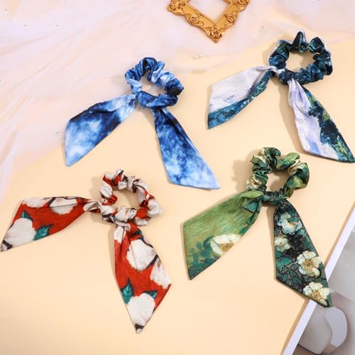 4Pcs Scrunchie with Bow ? Hair Ribbons for Women, Elegant Bow Hair Ties, Soft Ponytail Holders for Women