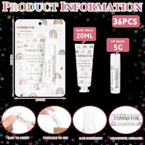Loopeer 36 Set/ 72 Pcs Bulk Christmas Employee Appreciation Gift Lip Balm Hand Cream Thanksgiving Christmas Team Gifts Boho Rainbow Thank You Party Favors for Women Coworker Teacher Staff Volunteer