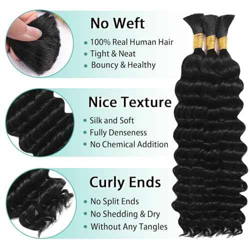 Human Braiding Hair for Boho Braids Human 110g 20 Inch Curly Boho Hair for Braiding Knotless 12A Deep Wave Bulk Bohemian 3 Bundles/Pack Natural Color