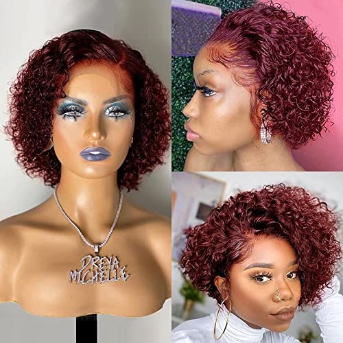 afsisterwig Short Pixie Cut Curly Styled Bob Wig Bob Burgundy Lace Front Wig Deep Short 99j Red Colored Pre Plucked Water Wave Frontal Curly Human Hair Wigs (13X4 99J Burgurdy)