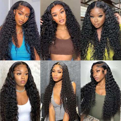 Water Wave Lace Front Wigs Human Hair Pre Plucked 200% Density Deep Curly Wet and Wavy Human Hair Deep Wave13x4 Hd Lace Frontal Wigs for Black Women Glueless Wig 18 INCH Natural Black
