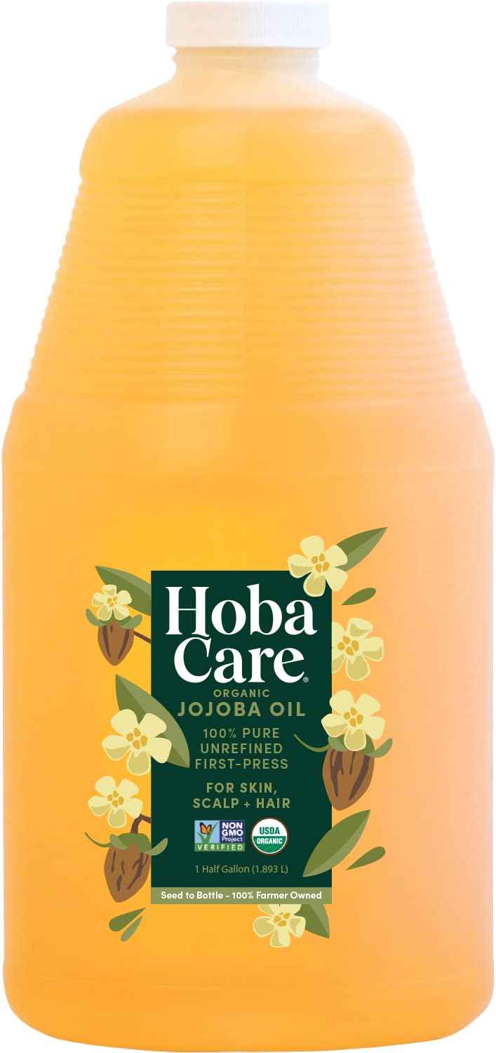 HobaCare Bulk Organic Jojoba Oil - Natural 100% Pure Hexane Free Unrefined Carrier Oil for Skincare, Beard, Hair, Face, Scalp Massage, Bath, Facial - Long Shelf Life (64 oz Half Gallon)