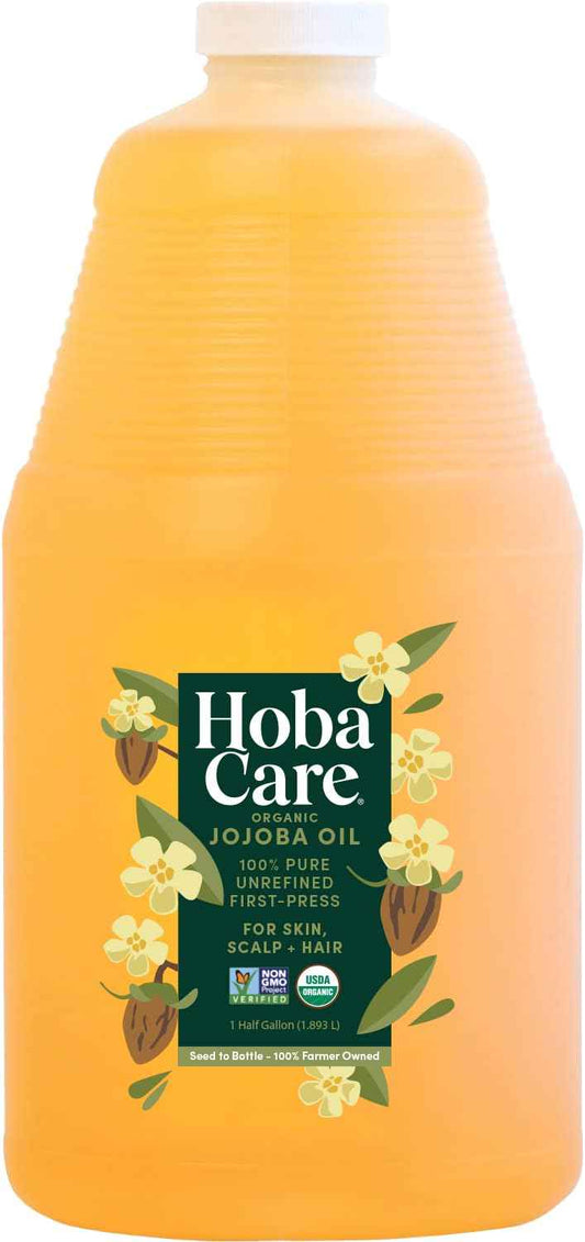 HobaCare Bulk Organic Jojoba Oil - Natural 100% Pure Hexane Free Unrefined Carrier Oil for Skincare, Beard, Hair, Face, Scalp Massage, Bath, Facial - Long Shelf Life (64 oz Half Gallon)