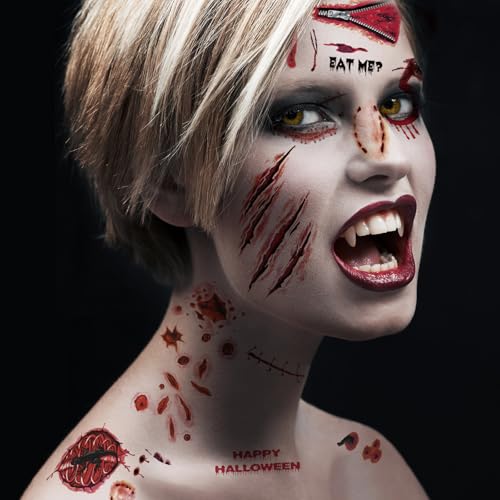 30 Sheets 220+ PCS Halloween Fake Scars Tattoos Temporary, Chucky Zombie Makeup Kit, Realistic Halloween Face Stitch Scar Makeup Tattoos Stickers Masquerade Prank Makeup Props
