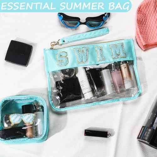 2 Pcs Swim Bag Cosmetic Makeup Bag with Chenille Letter Patch, Clear Pouch PVC Organizer Purse, Waterproof Travel Beach Bag, Portable Toiletry Storage Bag