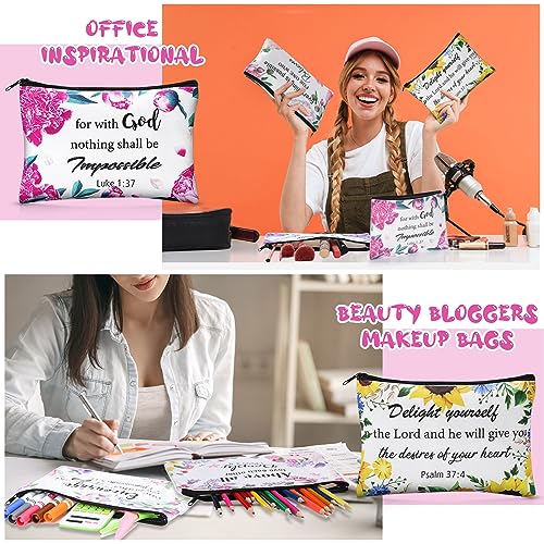24 Pcs Christian Makeup Bag Bible Cosmetic Bags Inspirational Bible Verse Toiletry Pouches Canvas Motivational Pouches with Zipper for Women Organize Cosmetics Toiletries Stationery(Floral)