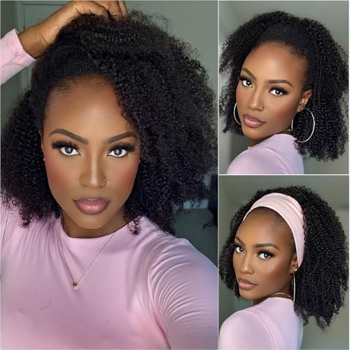 Domiso Afro Kinky Curly 3 In 1 Half Wig Human Hair Seamless Kinky Curly Flip Over Invisible Hairline Glueless Install Drawstring Band Clip in Wig No Sew In Black Color Bob Wig16 Inch