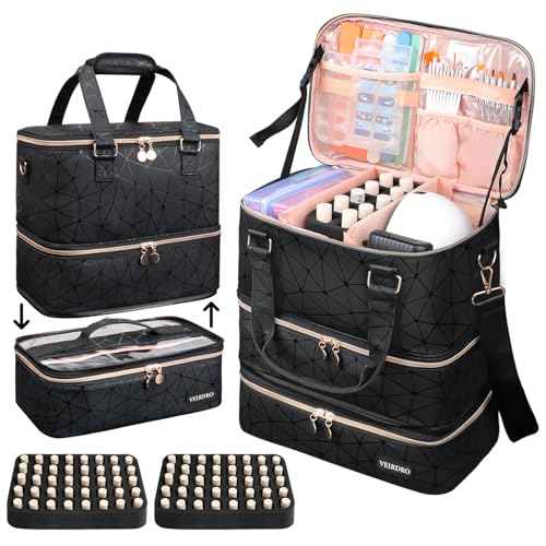 Nail Polish Organizer Hold 90 Bottles (15ml/0.5fl.Oz)& Nail Lamp, Three Layer Nail Supplies Organizer Case with Holder& Shoulder Strap, PU Leather Nail Kit Organizers and Storage Bag (Black)