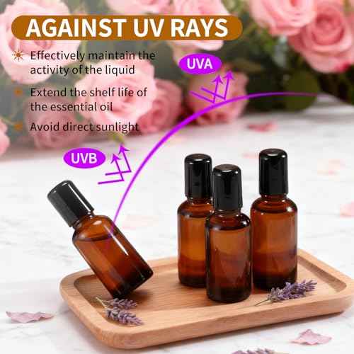 100ML Roller Bottles for Essential Oil, 4 Pack Empty Amber Glass Roller Bottle for Perfume Oil, Roll on Bottles with Stainless Steel Roller Balls, Opener, Funnel and Dropper for Aromatherapy, Massage