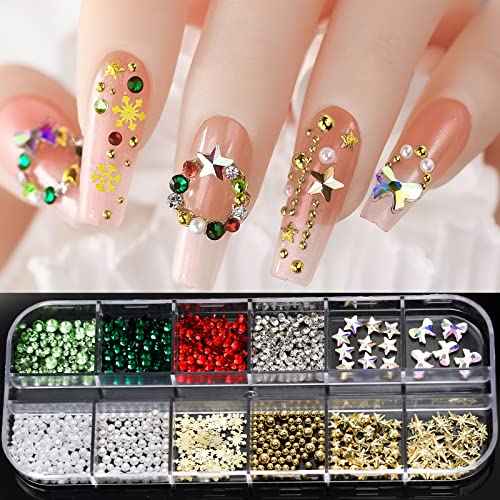 Christmas Crystal Snowflakes Nail Supplies Golden Flat Back Glass Gems Round Pearl Accessories Sparkly Star Bow Diamonds Jewels Rhinestone for Women Nail Decoration