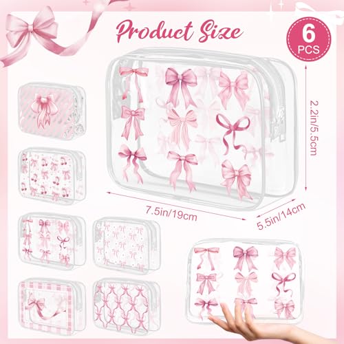 6Pcs Pink Bow Clear Makeup Bag PVC Coquette Cosmetic Bags Transparent Plastic Pouch with Zipper Waterproof Travel Toiletry Bags Pink Trendy Pouch Bag Gift for Birthday Party Favor Mother Nurse Girls