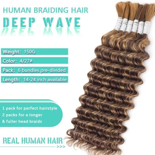 Ombre Braiding Hair for Boho Braids Deep Wave Bulk Human Hair for Braiding Wet and Wavy for Boho Braids Curly Human Hair Extensions 24 Inch 6 Bundles/Pack 150g Ombre Balayage 4/27#