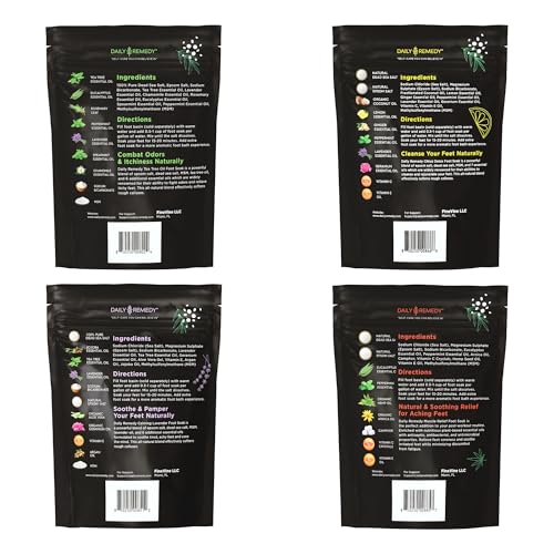 DAILY REMEDY Foot Soak Salts- Variety Pack of 4- Tea Tree Oil, Muscle Relief, Calming Lavender & Citrus Soak- For Foot Pain, Soreness, Athlete¡¯s Foot, Odors, Calluses-Made In USA