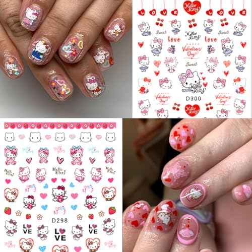 10 Sheets Valentines Nail Art Stickers Cute Nail Stickers 3D Self-Adhesive Cute Heart Nail Art Design Kawaii Nails Supplies Cartoon Nail Decals for Women Girls DIY Manicure Chrams