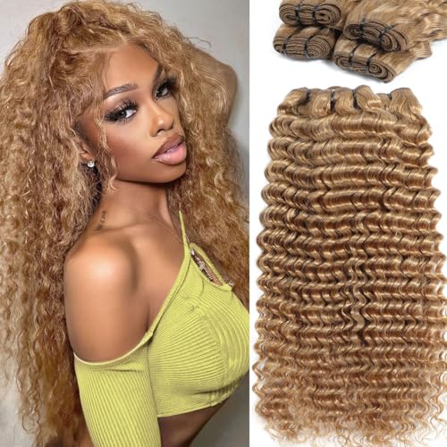 Honey Blonde Deep Wave Bundles Human Hair 12A Color #27 Blonde Curly Human Hair Bundles 16 18 20 Inch Colored Deep Wave Human Hair Extensions Double Weft Wet and Wavy Bundles