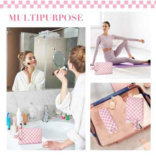 2Pcs Makeup Bag for Women, Large Checkered Cosmetic Bags with Small Makeup Brushes Bag Set, Cute Leather Make Up Orgnizer with Zipper, Travel Skincare Toiletry Storage Bag for Teens Girls Gifts(Black)