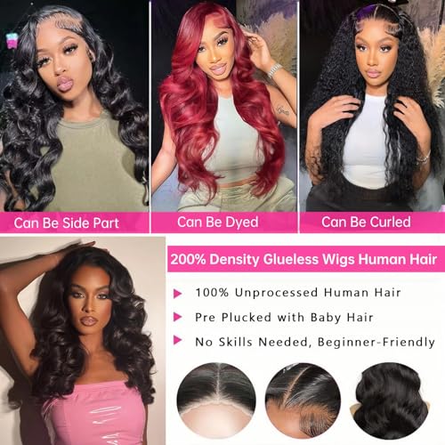 Glueless Wigs Human Hair Pre Plucked Pre Cut 5x5 Closure Wigs Human Hair For Beginners 200 Density HD Lace Front Wigs Body Wave For Black Women With Baby Hair (Glueless Wig, 22 Inch)