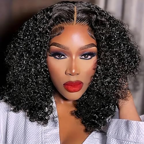 Kinky Curly Half Wig Human Hair 200% Density 3 In 1 Curly Half Wig Seamless Drawstring Curly Human Hair Wig Wear Go Glueless Wigs Human Hair Beginner Friendly (Kinky Curly Nautal Color, 16 Inch)
