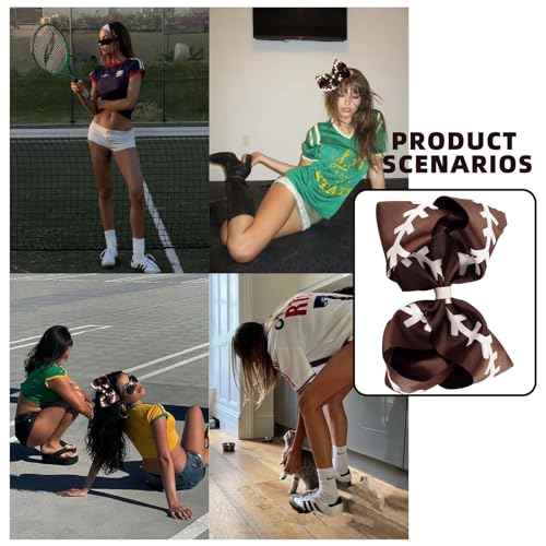 2Pcs Glitter Football Hair Bow Clips Soccer Hair Bow Clips Brown Football Hair Clips 4.5inch Grosgrain Hair Bows Clip Big Bow for Hair Cheer Bow Clips Cheerleader Bow Hair Accessories for Girls Gifts