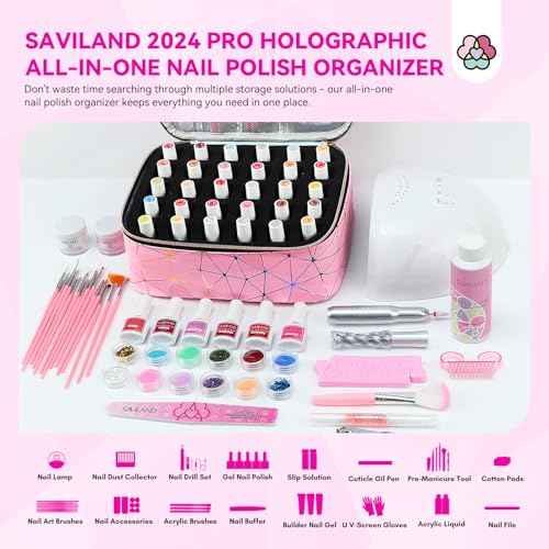 SAVILAND Nail Polish Organizer Bag: PU Leather Nail Polish Storage Organizer Holds 30 Bottles & Nail Lamp, Nail Polish Holder Travel Carrying Case Box Nail Tech Organizer Storage Bag for Nail Supplies