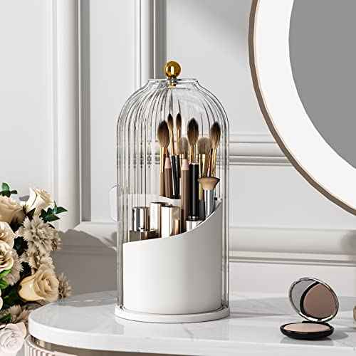 Makeup Brush Holder with Lid 360 Rotating Clear Dustproof Make Up Organizers for Vanity Bathroom Countertop, Transparent