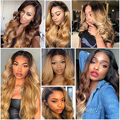 Shining Girl 12A Ombre Body Wave Bundles With Closure Brazilian Virgin Remy 100% Human Hair Ombre 3 Tone T1B/4/27 Color Human Hair Extensions 3 Bundles with 4x4 Lace Closure (14 16 18+12, 1B#/4#/27#)