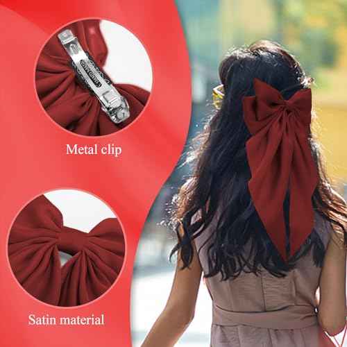 Hair Bows for Women, 2Pcs Burgundy Red Bow Hair Clips for Girls, Silky Satin Hair Bows Clips Long Tail, Large Hair Barrettes Cute Aesthetic Hair Accessories