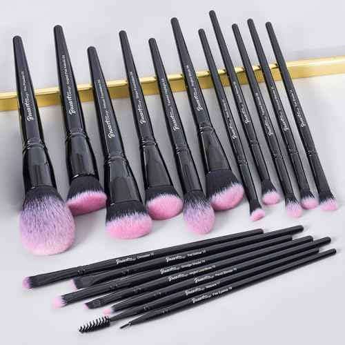 Bueart Design 18Pcs Pro Deluxe Fuchsia Pink Black Makeup Brushes set with Travel Make up Brush Holder case Foundation concealer contour Blush eyeshadow face make up brush set