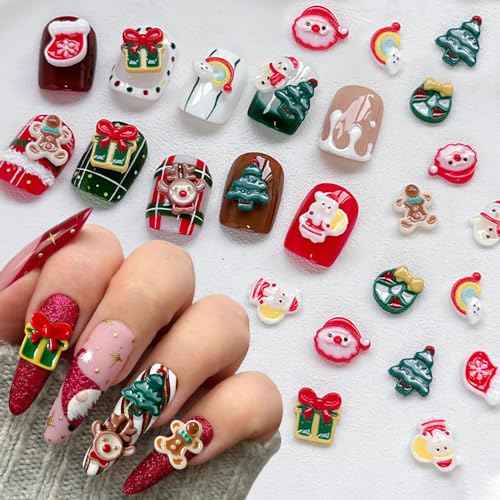 40pcs Luminous Christmas Nail Charms Glow in The Dark Christmas Nail Art Charms Santa Claus Elk Xmas Tree Snowman Nail Charm Christmas Charms for Nails Resin Nail Accessories Nail Jewels for Nail Art
