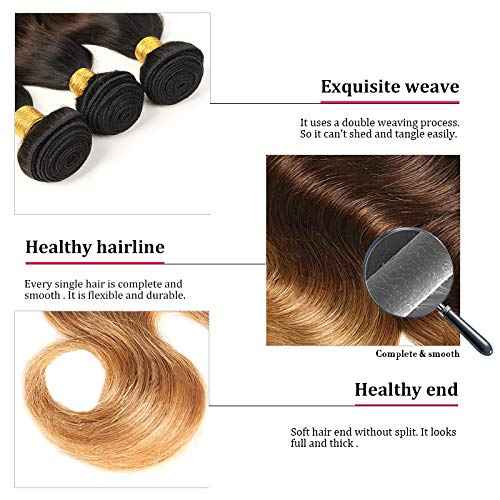 Ombre Blond Bundles with Closure Brazilian Virgin Human Hair #1B/4/27 Body Wave Blond Human Hair Bundles with 4x4 Lace Closure Hair Extension (12 14 16+10 Inch)
