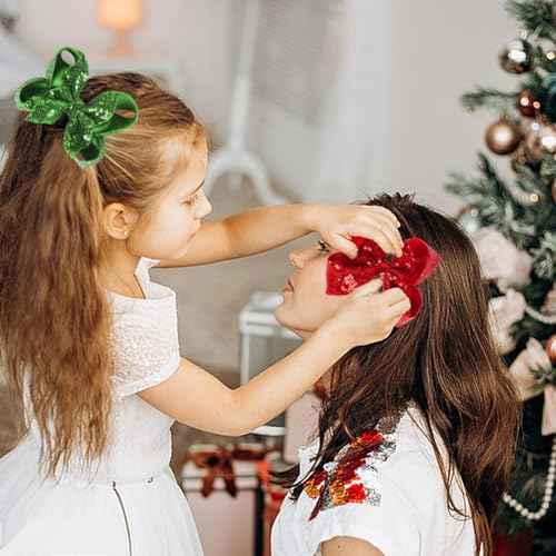 Red Green Hair Bows Clips Christmas 5 Inches Glitter Sequins Hair Bows Clips Ribbon Hairpin Cheer Alligator Clips Bows Hairpins Barrette for St. Patrick's Day Holiday Girls Women 2PCS