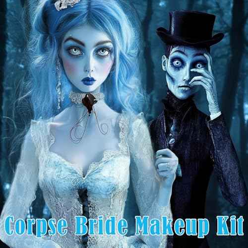 4 Pcs Sally Makeup Kit,Corpse Bride SFX Halloween Baby Blue ,Water Activated Face Paint Makeup Kit,Sally Face Costume Women Cosplay,Light Blue Body Paint+Eyeliner+Lipstick+Sponge