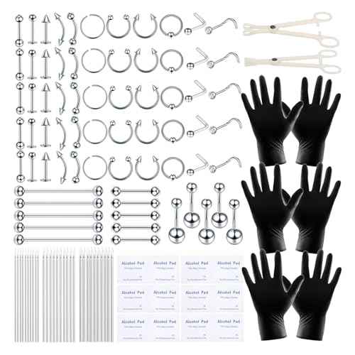 120PCS Body Piercing Kit Surgical Steel 14G 16G 20G BCR CBR Labret Lip Rings Cartilage Daith Earrings Nose Septum Nose Studs Belly Button Rings Jewelry Needles Gloves Clamps Tools