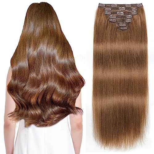 Sisily Clip in Hair Extensions Real Human Hair, 22 inch 170g, Medium Light Brown, 100% Brazilian Remy Human Hair Clip in Extensions Soft Straight 7pcs Per Set with 16 Clips Double Weft