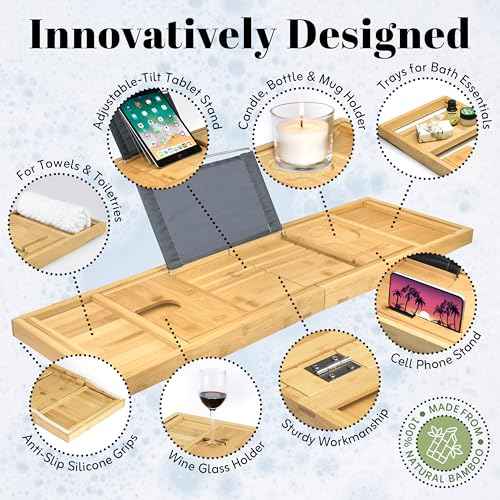 Home It Premium Foldable Bathtub Tray - Bamboo Waterproof Bath Tray for tub Caddy - Wooden Holder for Wine, Book, Soap, Phone, Luxury Gift for Men & Women - Expandable, Fits Most Tubs in Bathroom