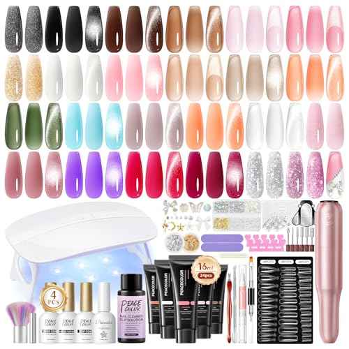 PEACECOLOR 52Pcs Poly Nail Gel Kit with Drill and U V Light 24 Colors Poly Nail Extension Gel with Cat Eye Nail Polish Glossy Matte Top Coat Nail Rhinestones Starter Kit Home Salon DIY Gifts for Women
