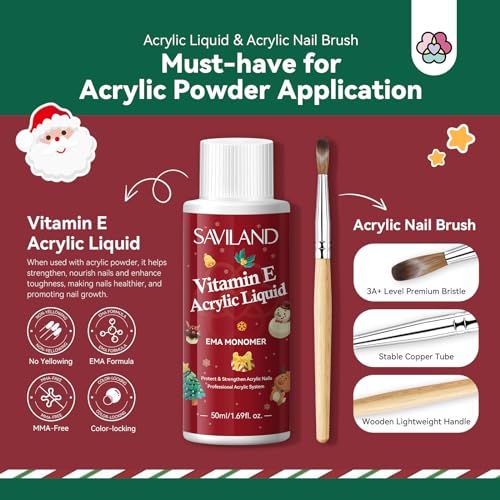 Saviland Acrylic Nail Kit for Starter: 4 Colors Acrylic Powder EMA Monomer Liquid Nail Brush(12#) for Extension Christmas Gift Set